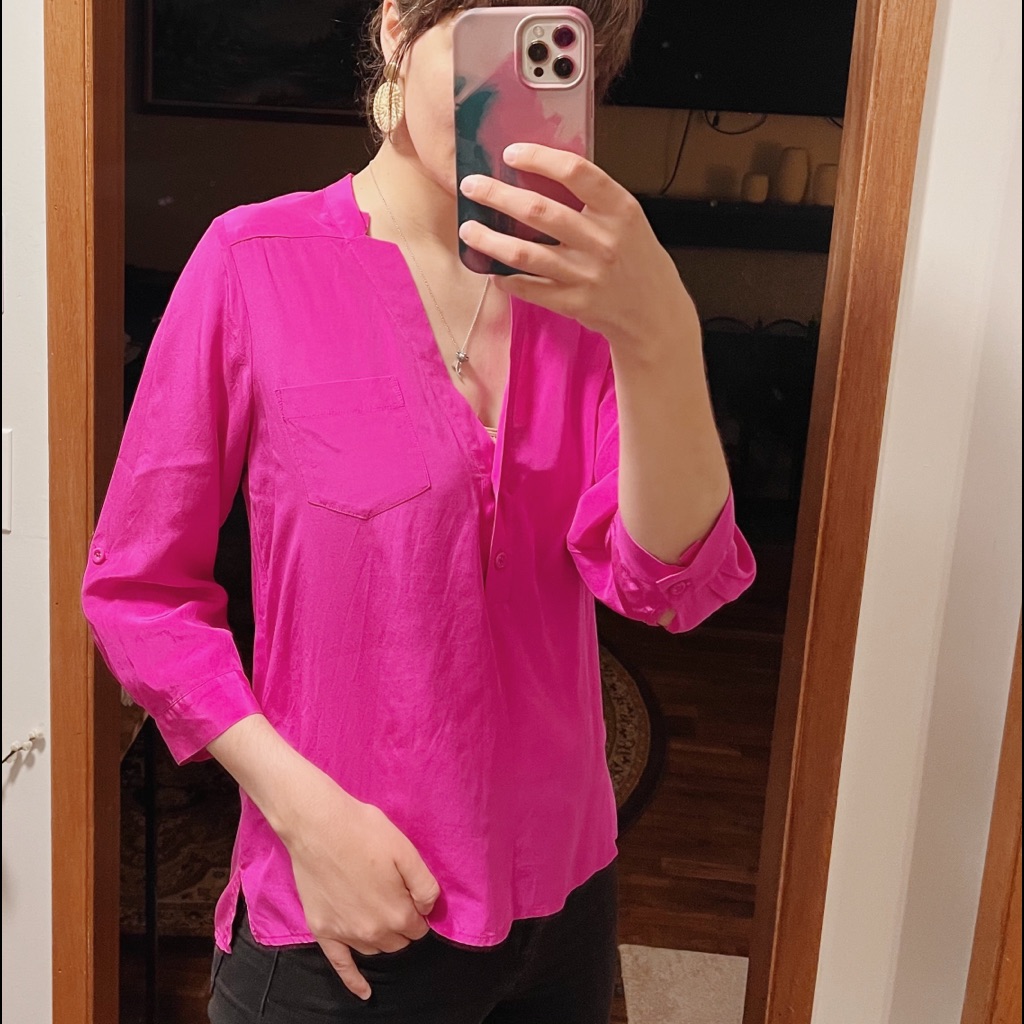 Mason 1/4 Button Up Hot Pink Silk Blouse